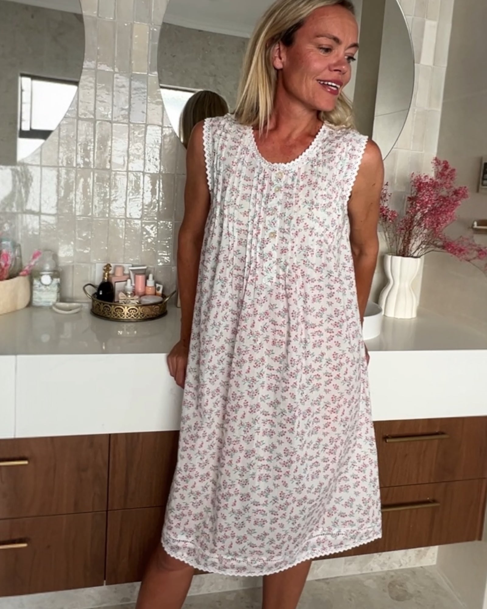 Brittany (SHORT) in miniature rose pure cotton sleeveless nightie