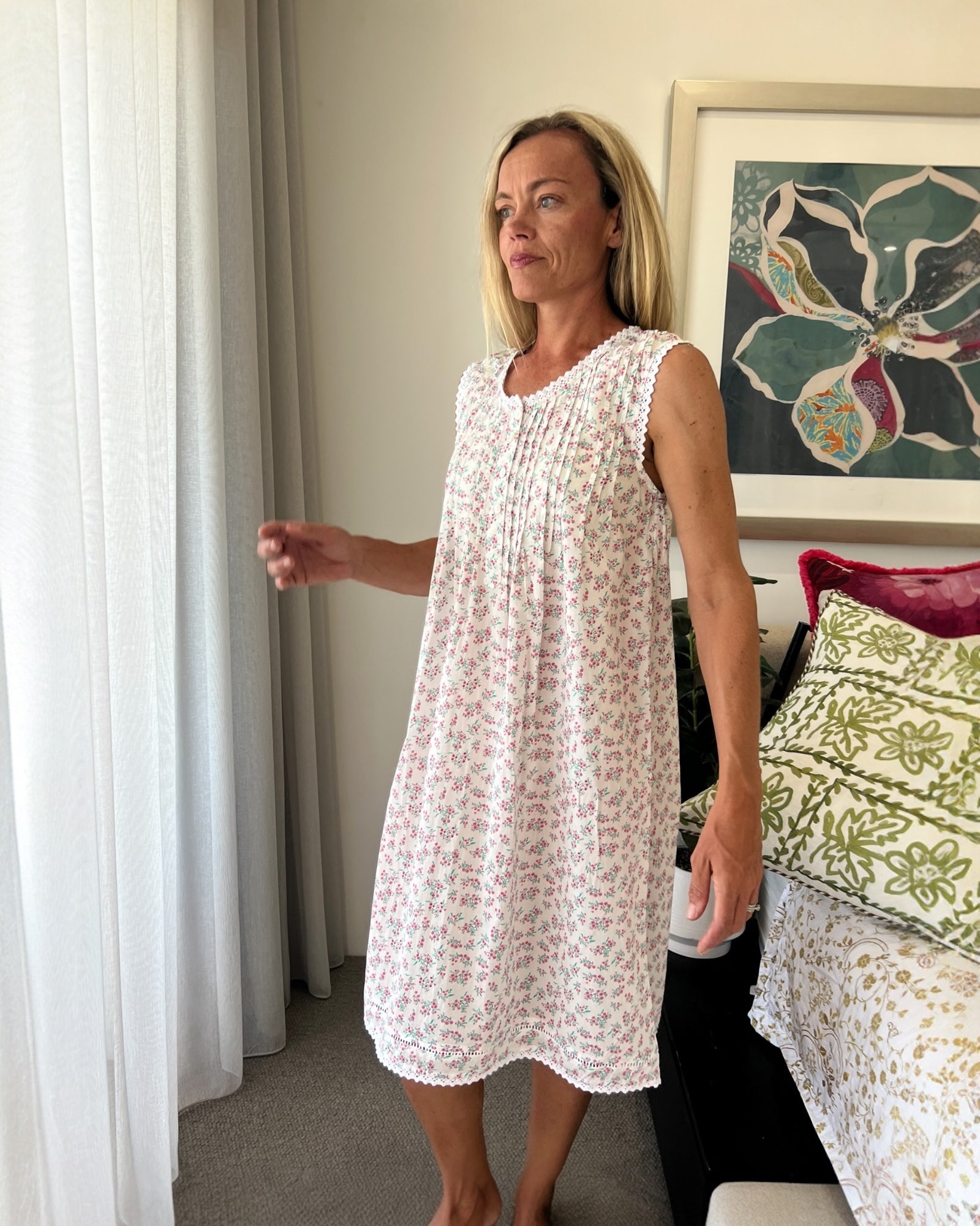 Brittany (SHORT) in miniature rose pure cotton sleeveless nightie