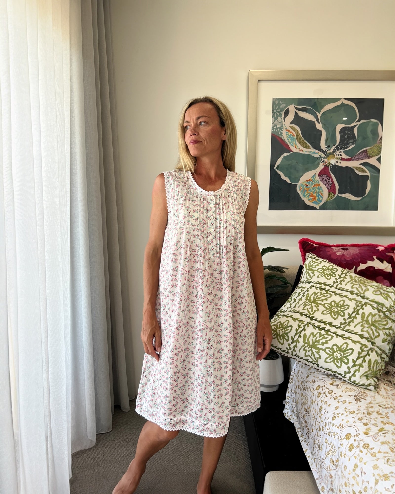 Brittany (SHORT) in miniature rose pure cotton sleeveless nightie