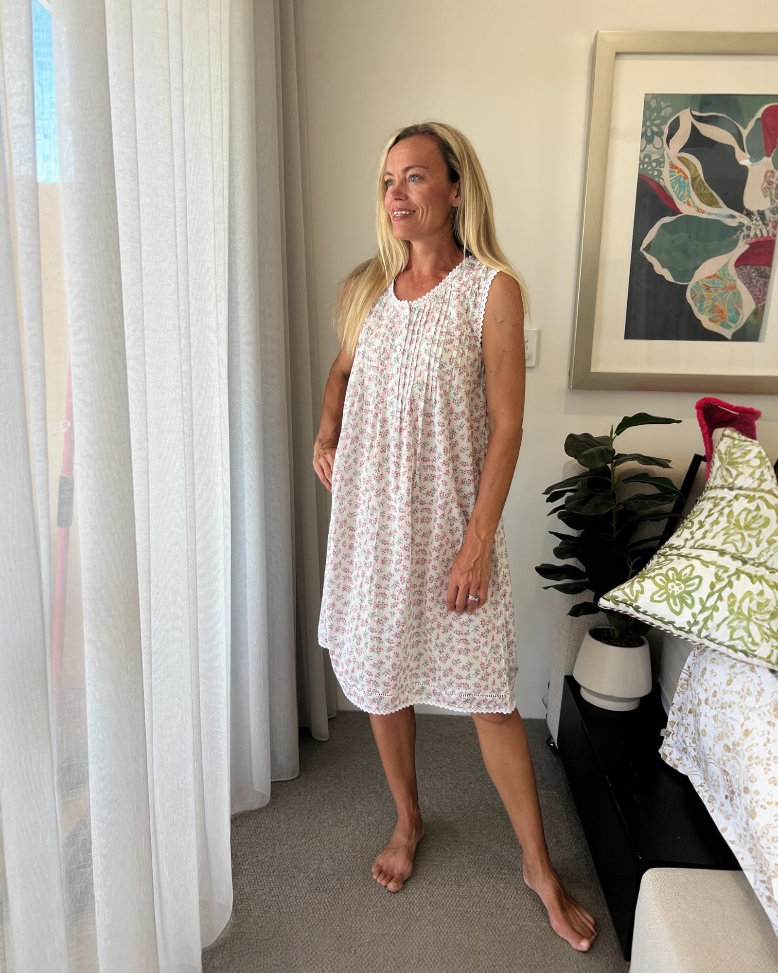 Brittany (SHORT) in miniature rose pure cotton sleeveless nightie