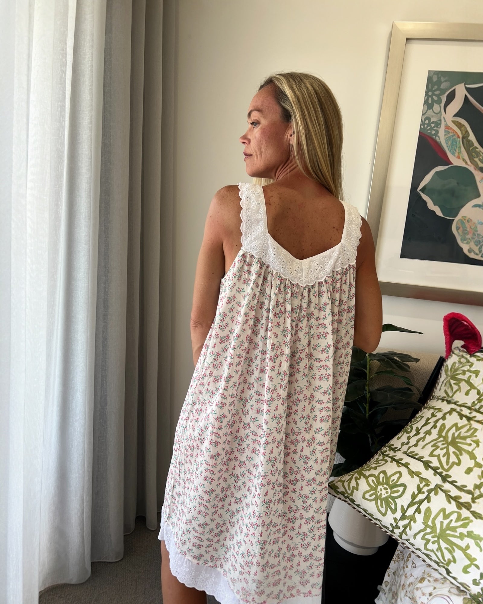 Harper (SHORT) in miniature rose Pure Cotton gathered V neck Nightie with lace straps