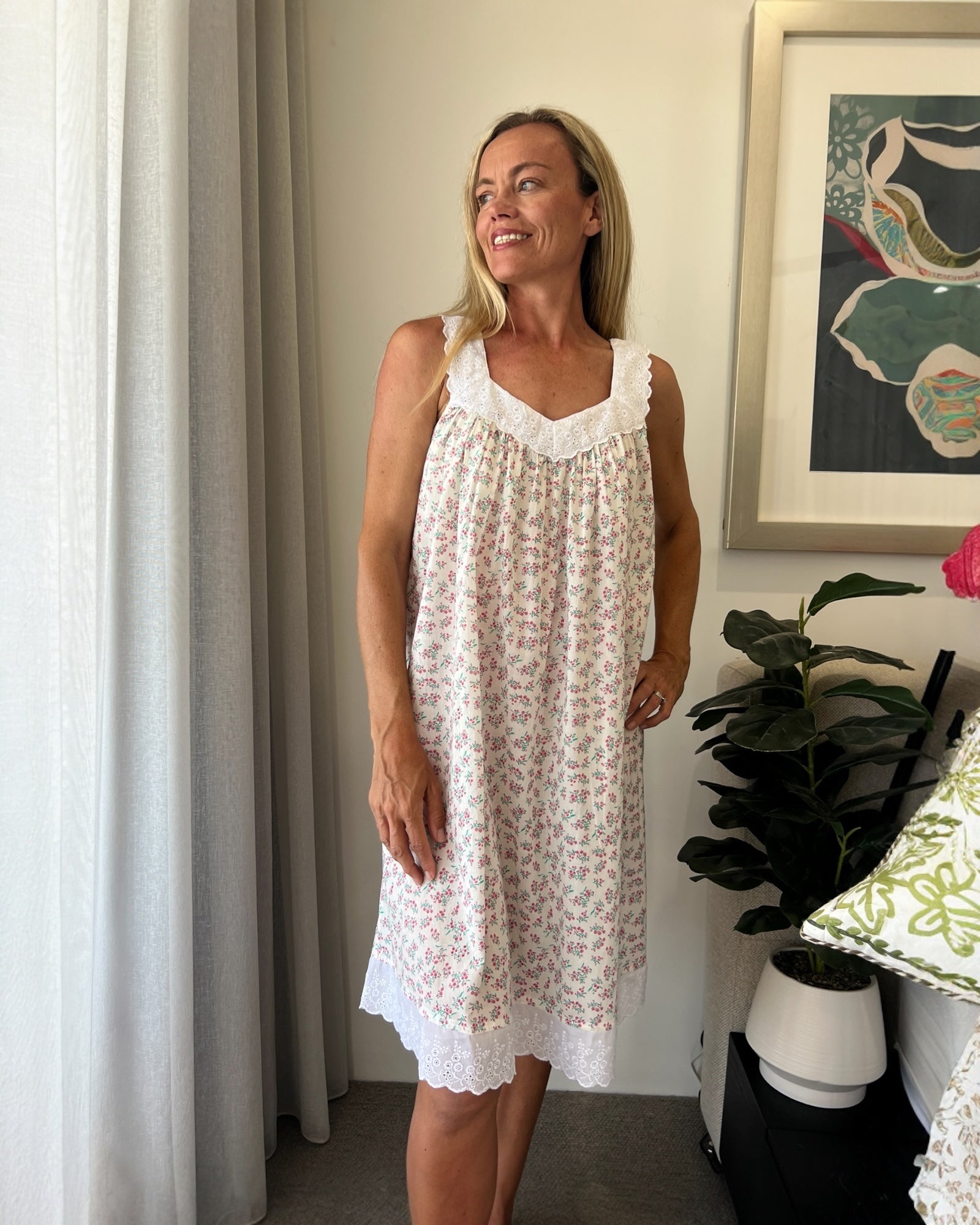 Harper (SHORT) in miniature rose Pure Cotton gathered V neck Nightie with lace straps