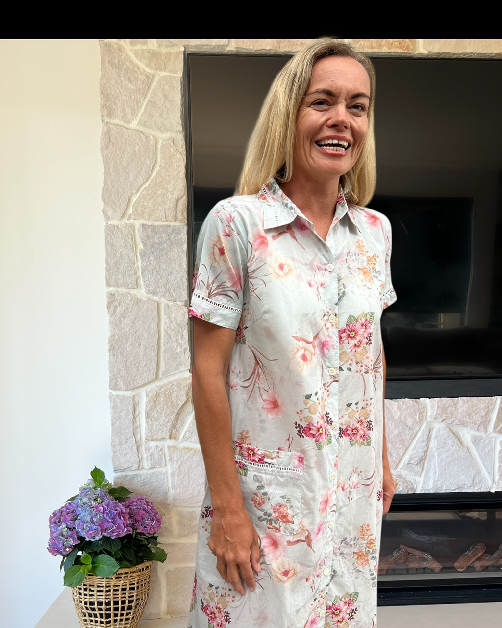 Leslie short sleeved Housecoat in blue floral mix