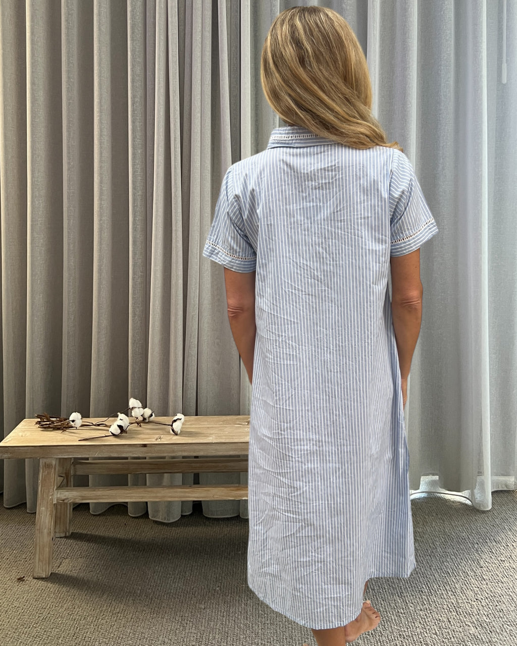Leslie short sleeved Housecoat in blue stripe