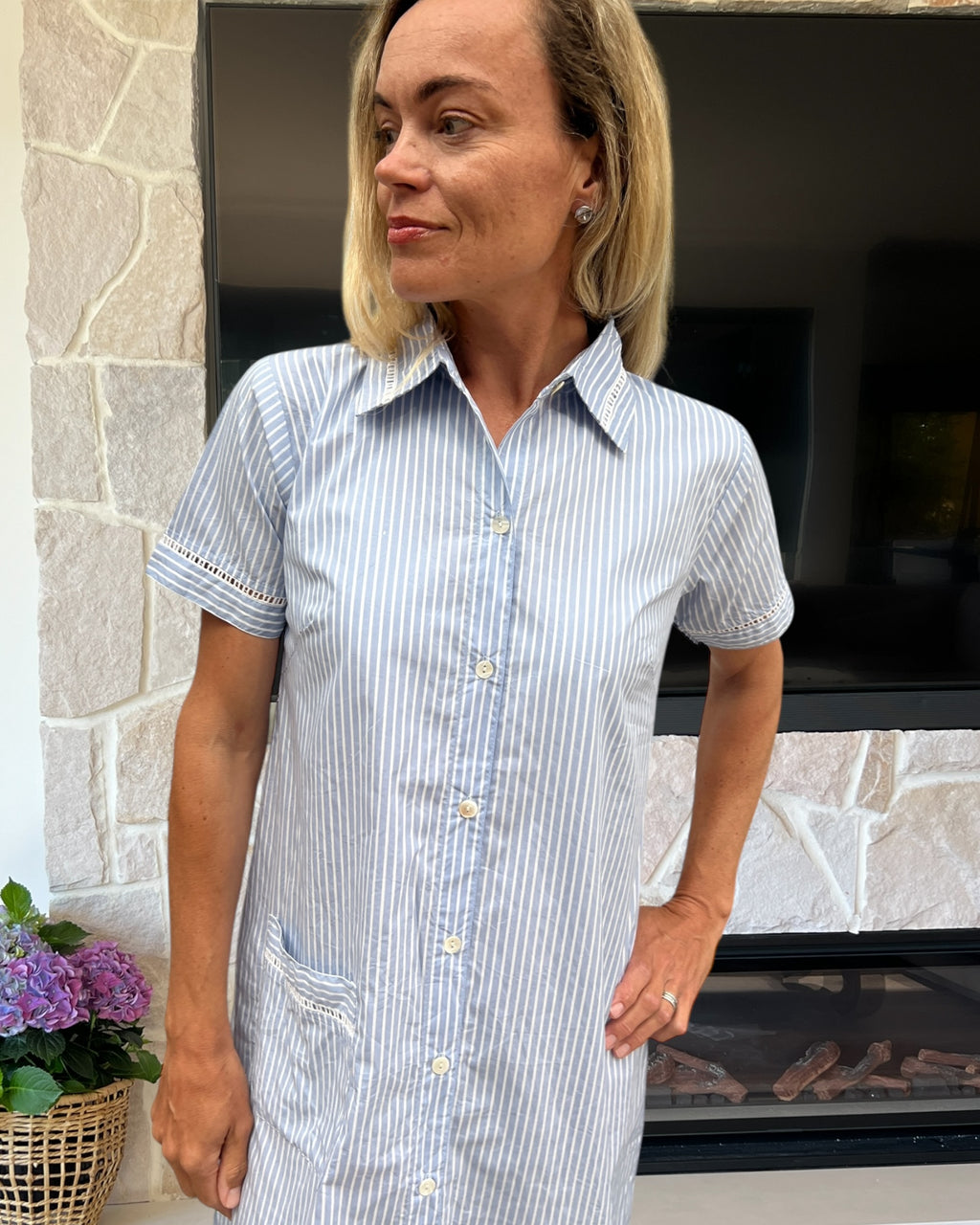 Leslie short sleeved Housecoat in blue stripe