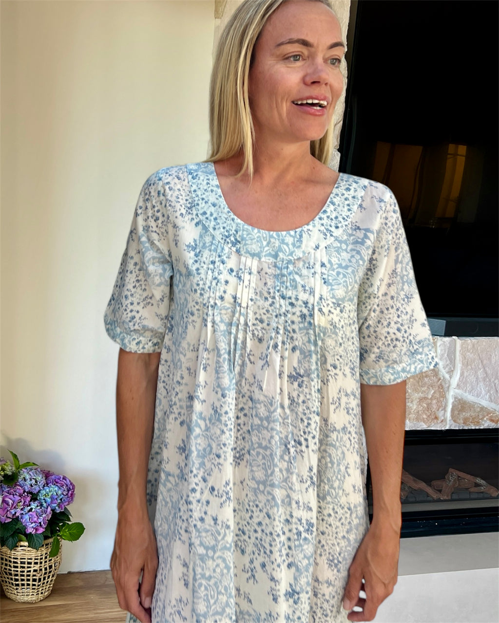 Libby in floral blue check pure Cotton shift style Nightie with sleeve