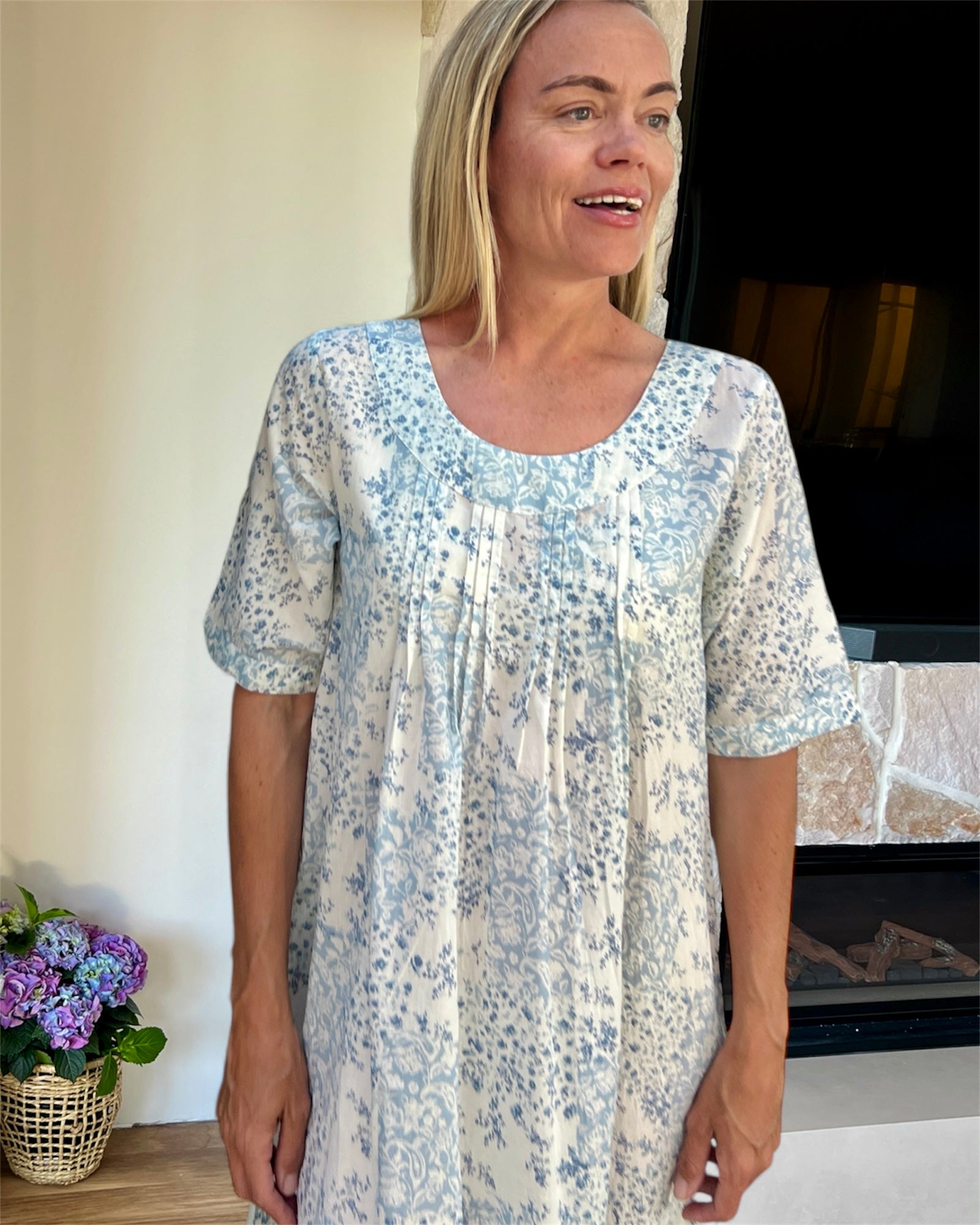 Libby in floral blue check pure Cotton shift style Nightie with sleeve