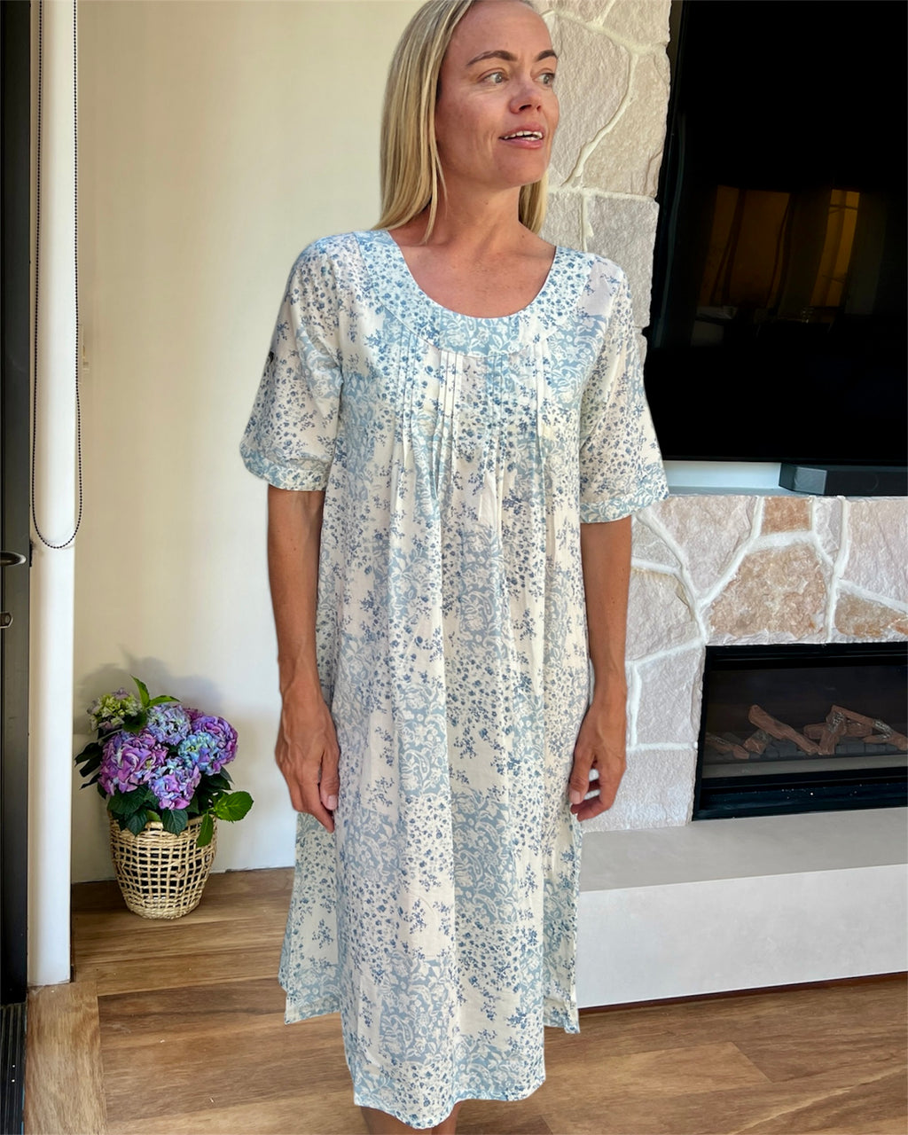 Libby in floral blue check pure Cotton shift style Nightie with sleeve