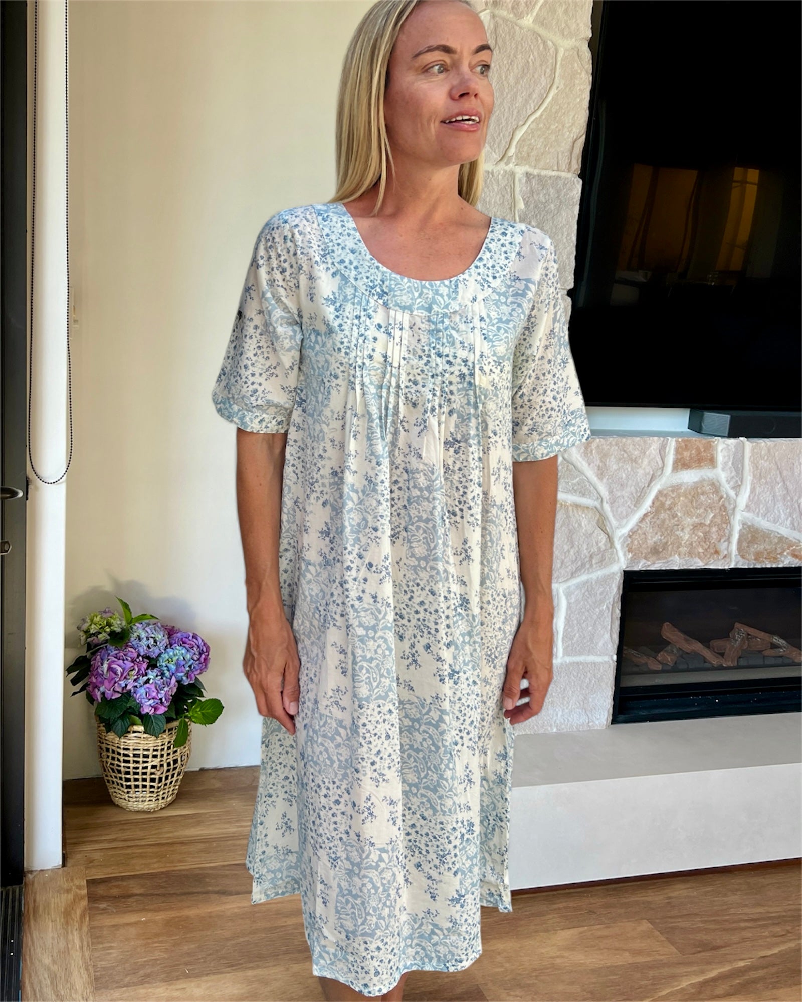 Libby in floral blue check pure Cotton shift style Nightie with sleeve