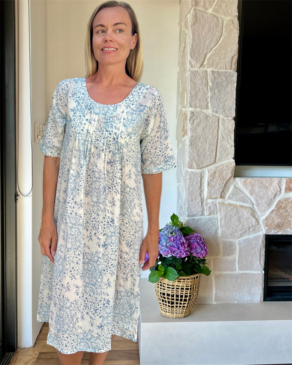 Libby in floral blue check pure Cotton shift style Nightie with sleeve