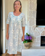 Libby in floral blue check pure Cotton shift style Nightie with sleeve