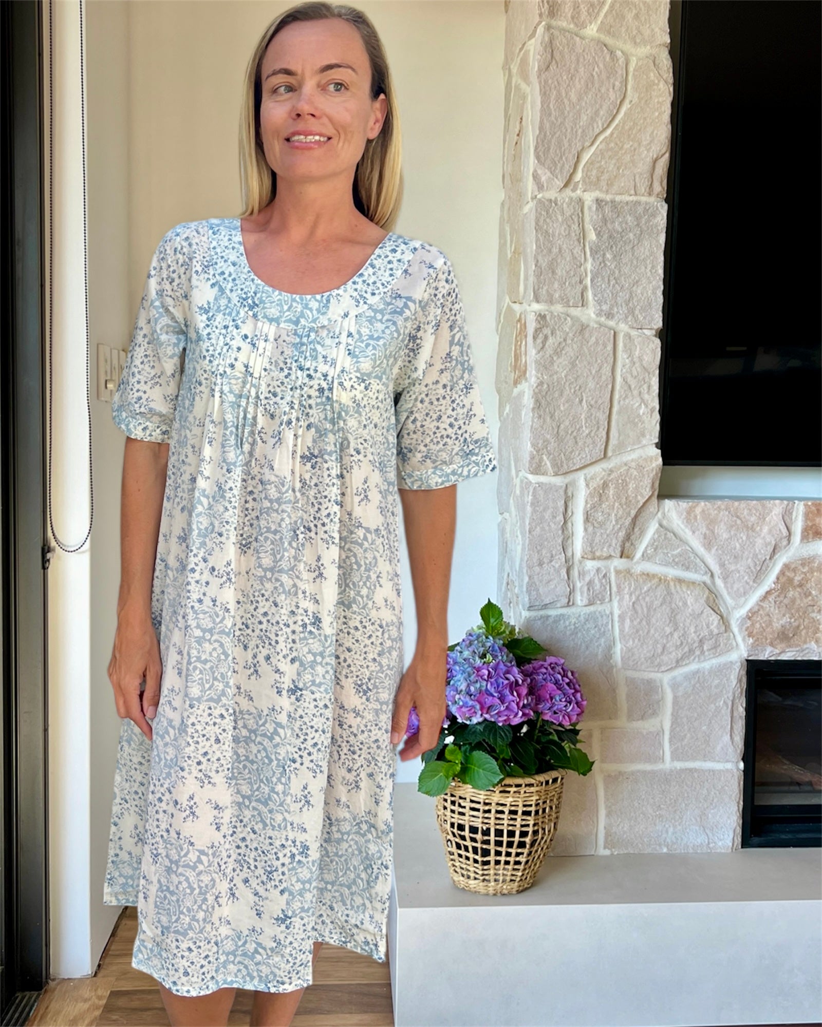 Libby in floral blue check pure Cotton shift style Nightie with sleeve