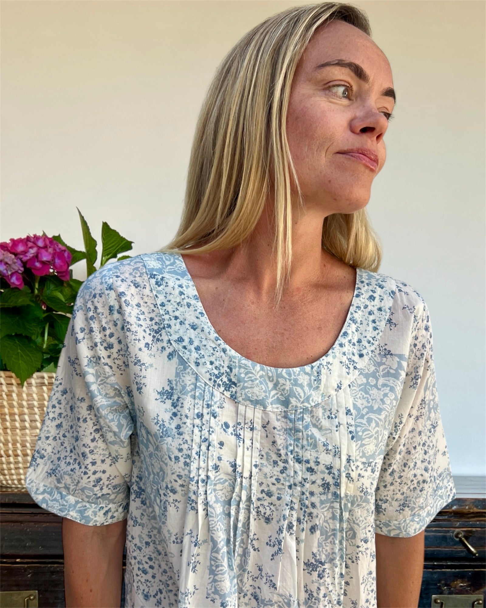 Libby in floral blue check pure Cotton shift style Nightie with sleeve