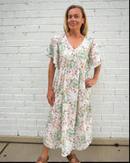 Lucinda pure cotton flowing dress with butterfly sleeves in petite garden