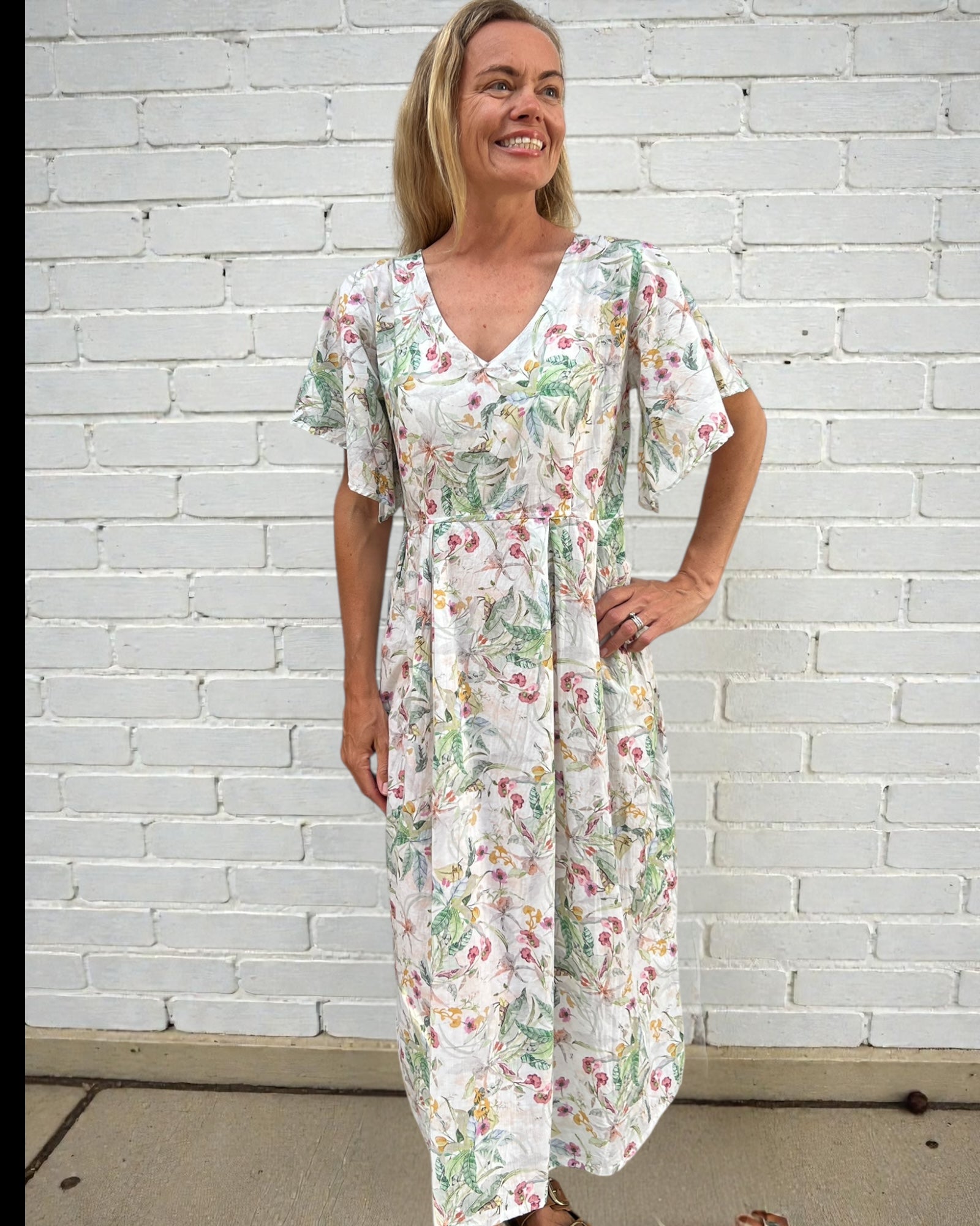 Lucinda pure cotton flowing dress with butterfly sleeves in petite garden