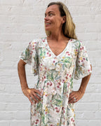 Lucinda pure cotton flowing dress with butterfly sleeves in petite garden