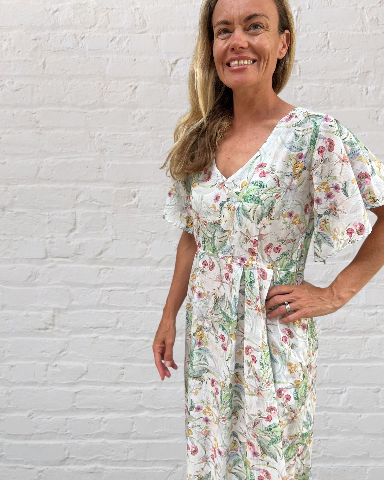 Lucinda pure cotton flowing dress with butterfly sleeves in petite garden