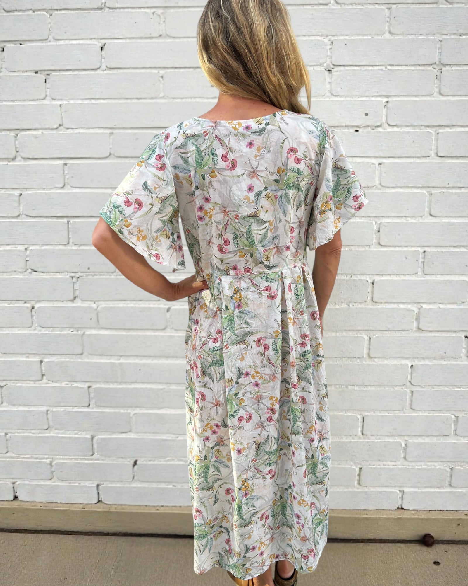 Lucinda pure cotton flowing dress with butterfly sleeves in petite garden