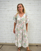 Lucinda pure cotton flowing dress with butterfly sleeves in petite garden