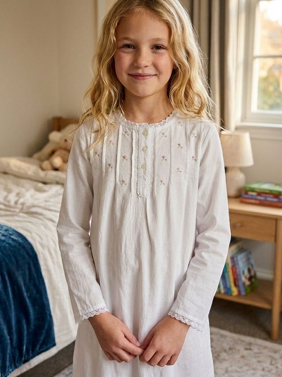Margot Girls Brushed cotton Long Sleeve Nightie in White
