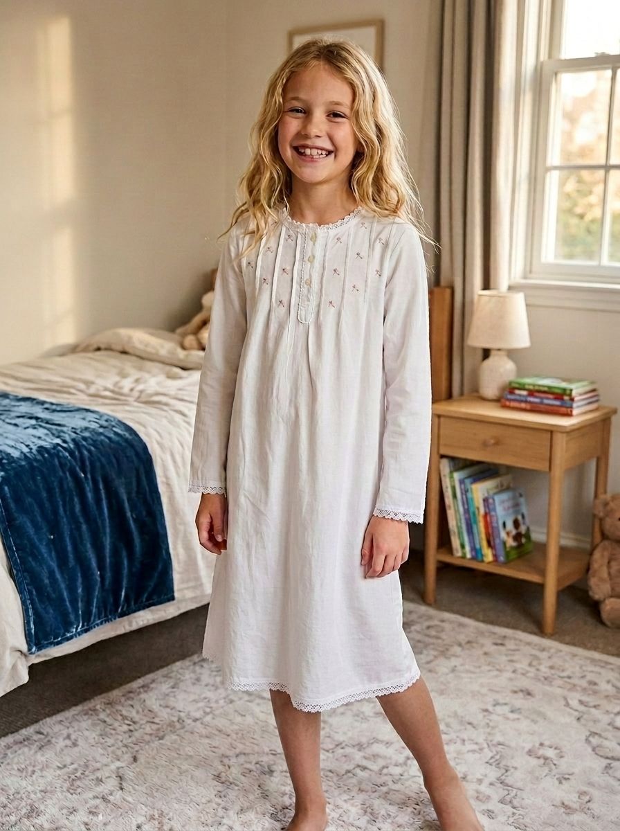 Margot Girls Brushed cotton Long Sleeve Nightie in White