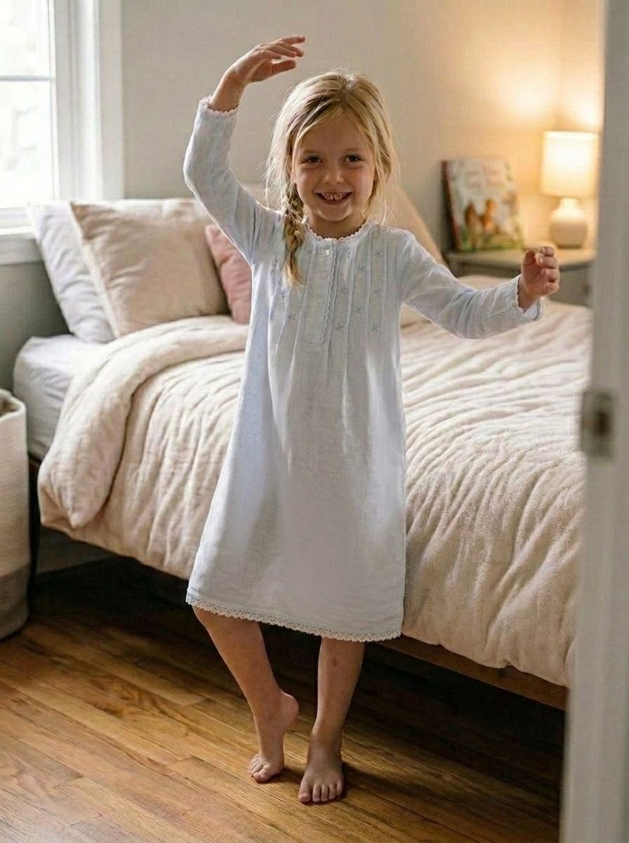 Margot Girls Brushed cotton Long Sleeve Nightie in soft Blue