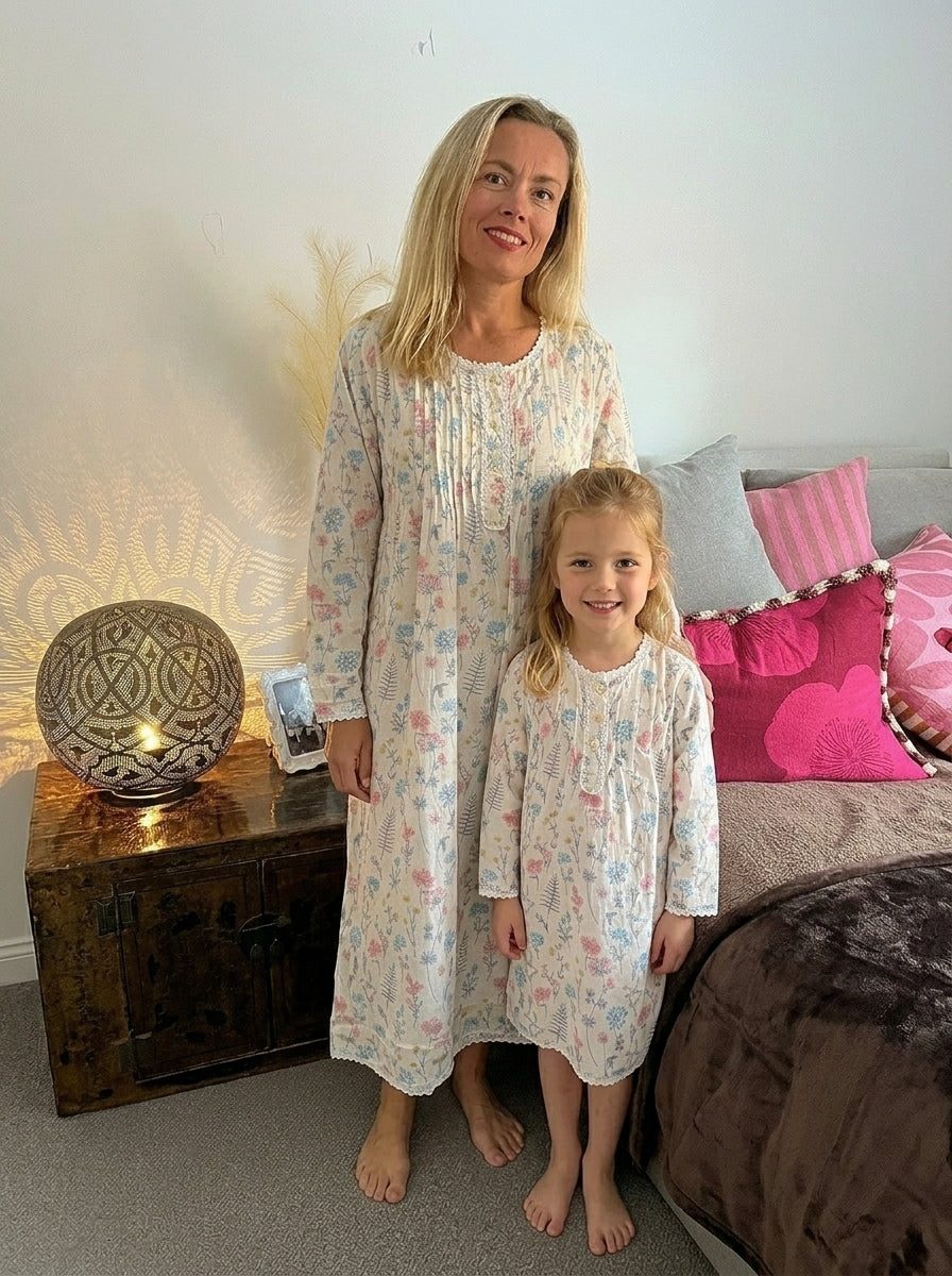 Margot Girls Fern Flower print Pure Cotton Long Sleeve Nightie