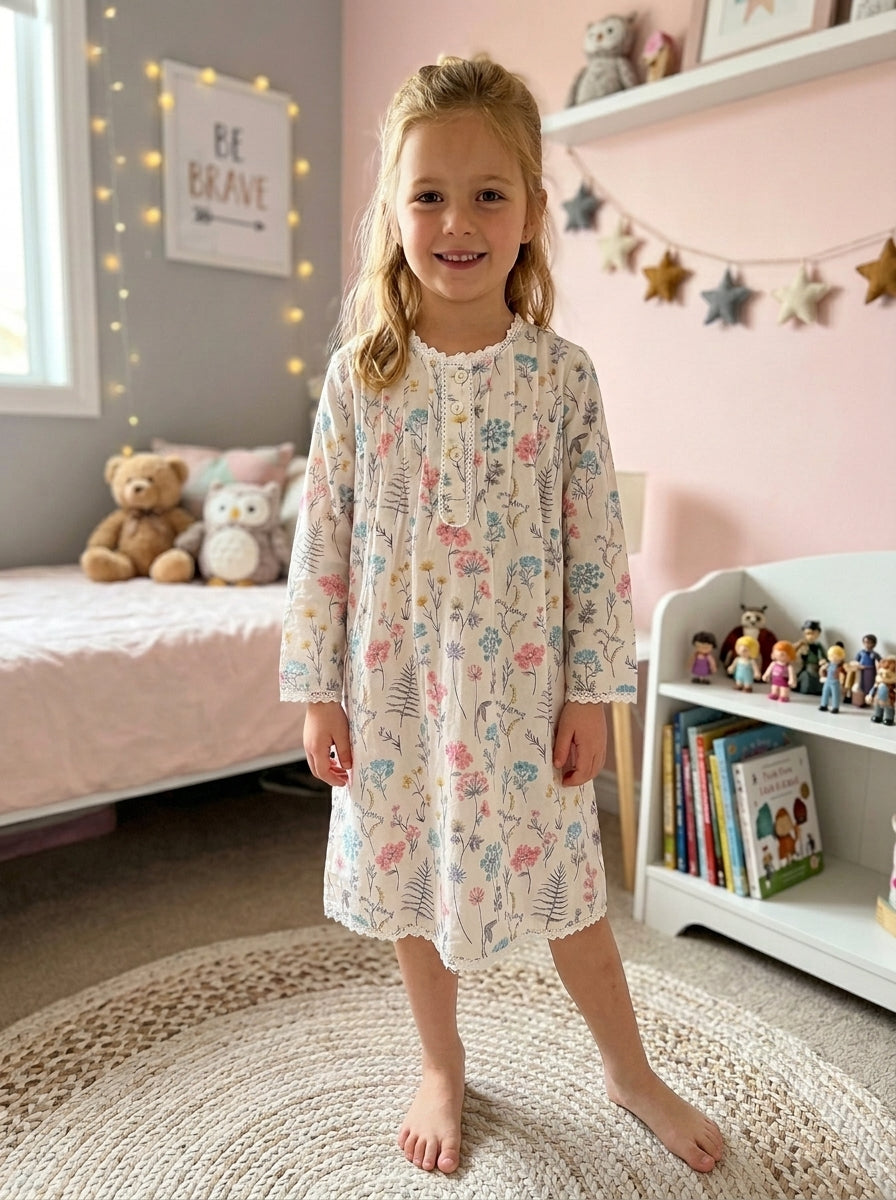 Margot Girls Fern Flower print Pure Cotton Long Sleeve Nightie