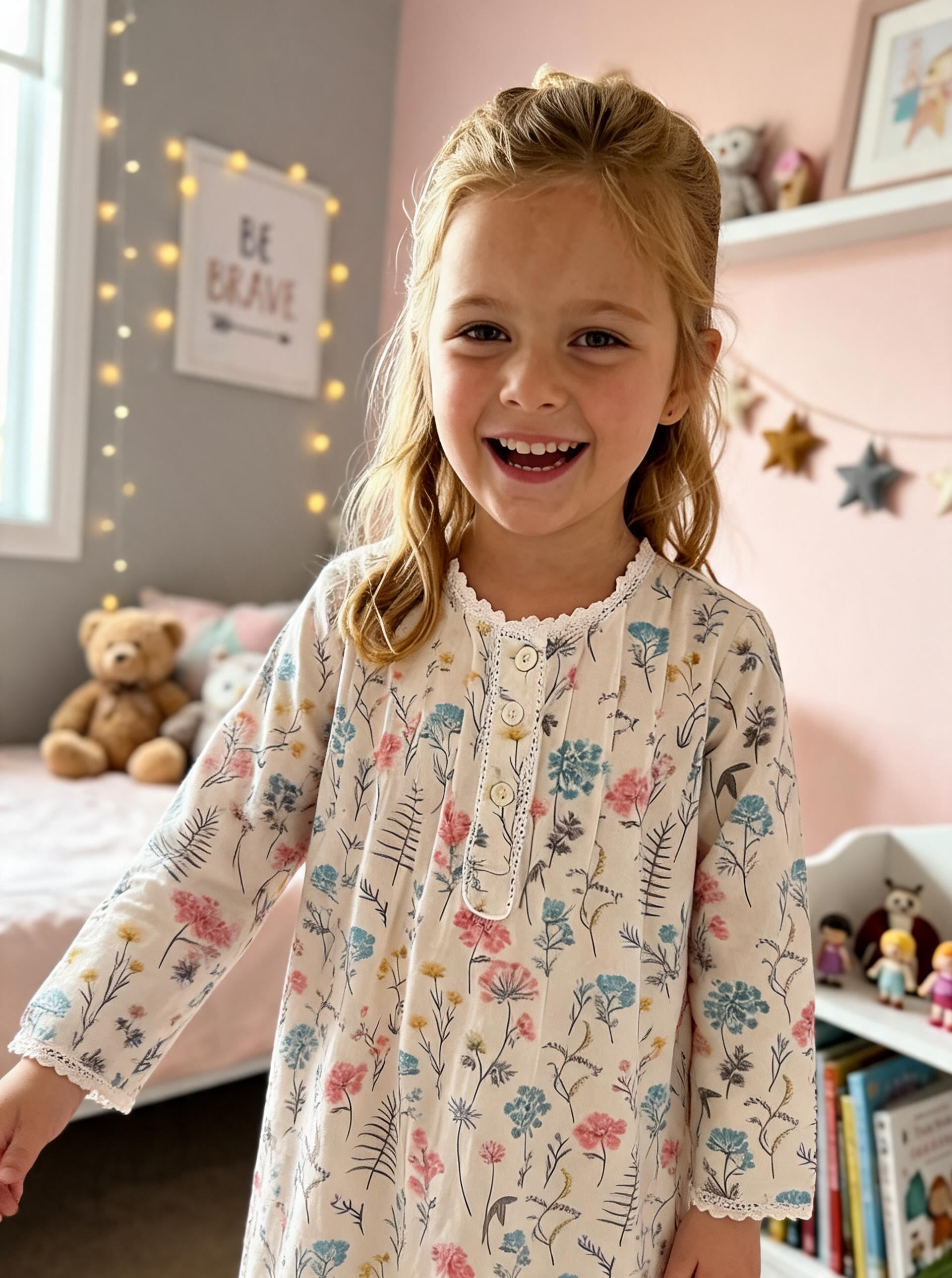 Margot Girls Fern Flower print Pure Cotton Long Sleeve Nightie
