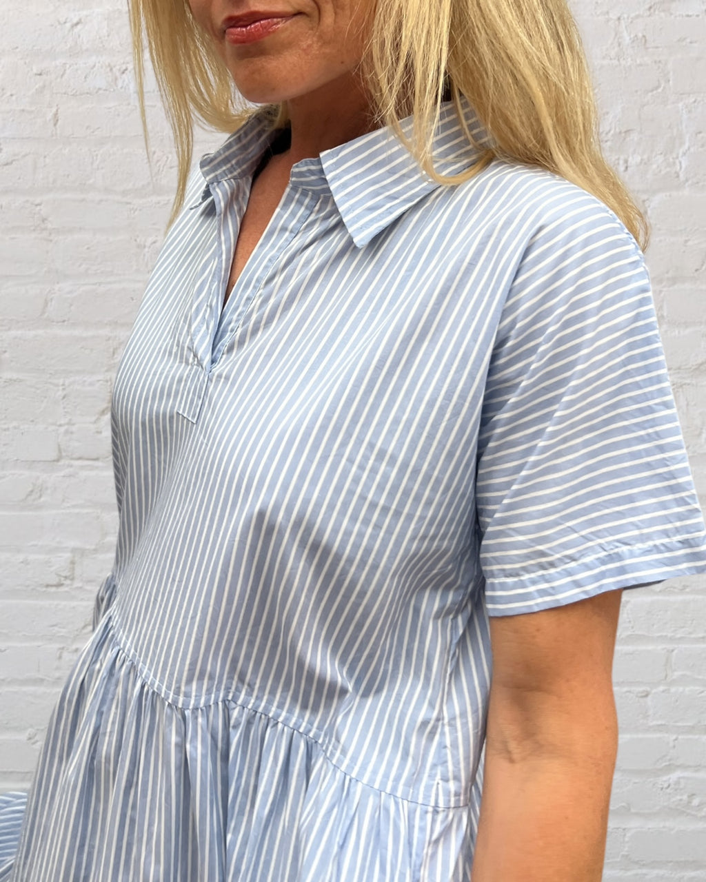Natalie pure cotton short sleeved collar dress in blue stripe
