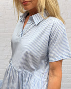 Natalie pure cotton short sleeved collar dress in blue stripe