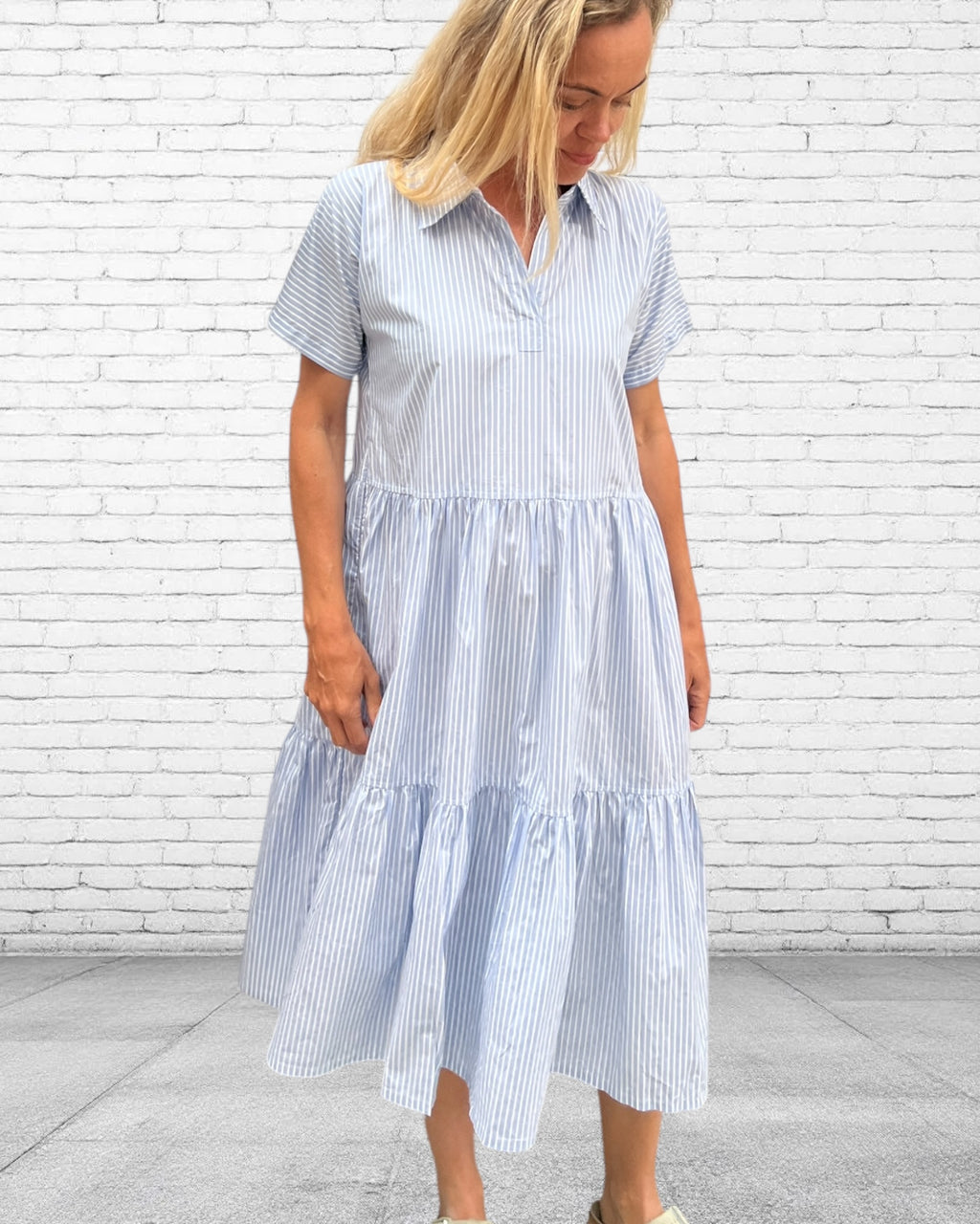 Natalie pure cotton short sleeved collar dress in blue stripe