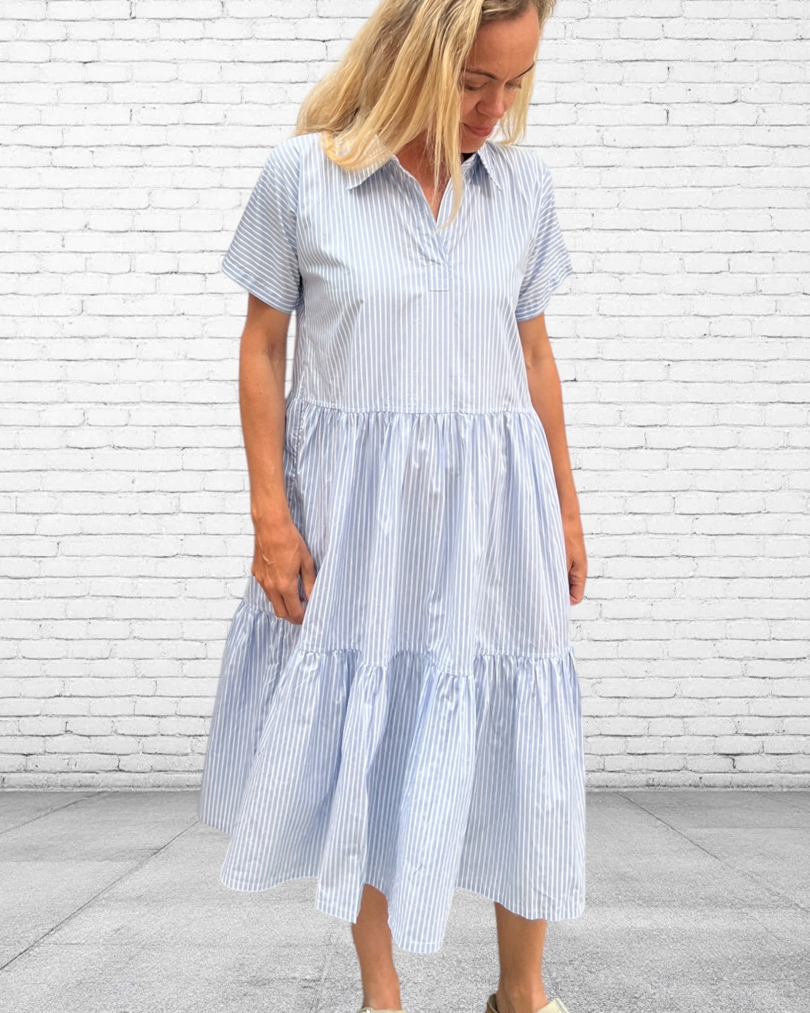 Natalie pure cotton short sleeved collar dress in blue stripe