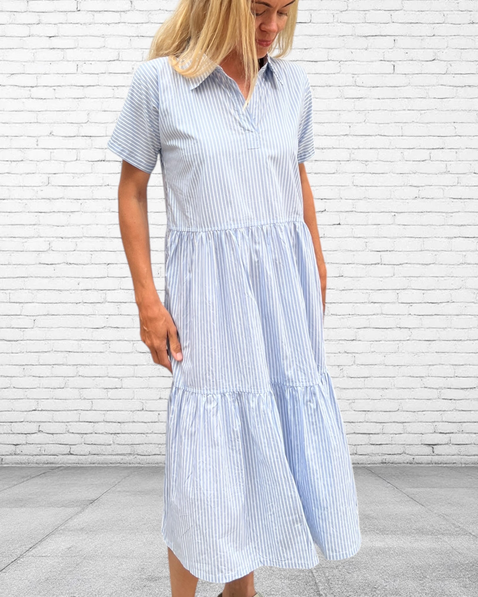 Natalie pure cotton short sleeved collar dress in blue stripe
