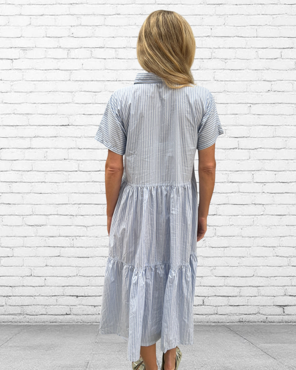 Natalie pure cotton short sleeved collar dress in blue stripe