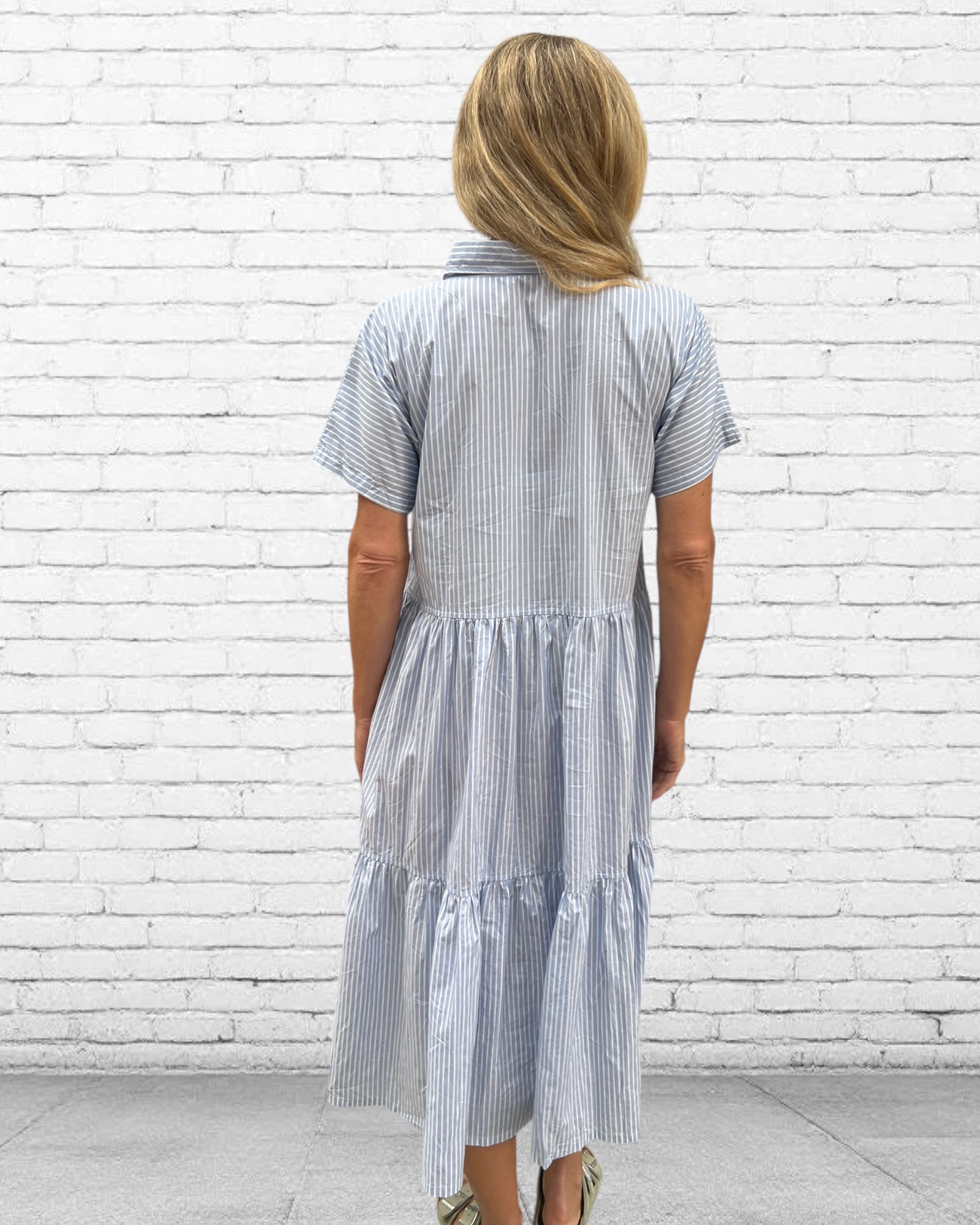 Natalie pure cotton short sleeved collar dress in blue stripe