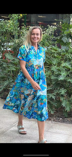 Natalie pure cotton short sleeved collar dress in electric blue