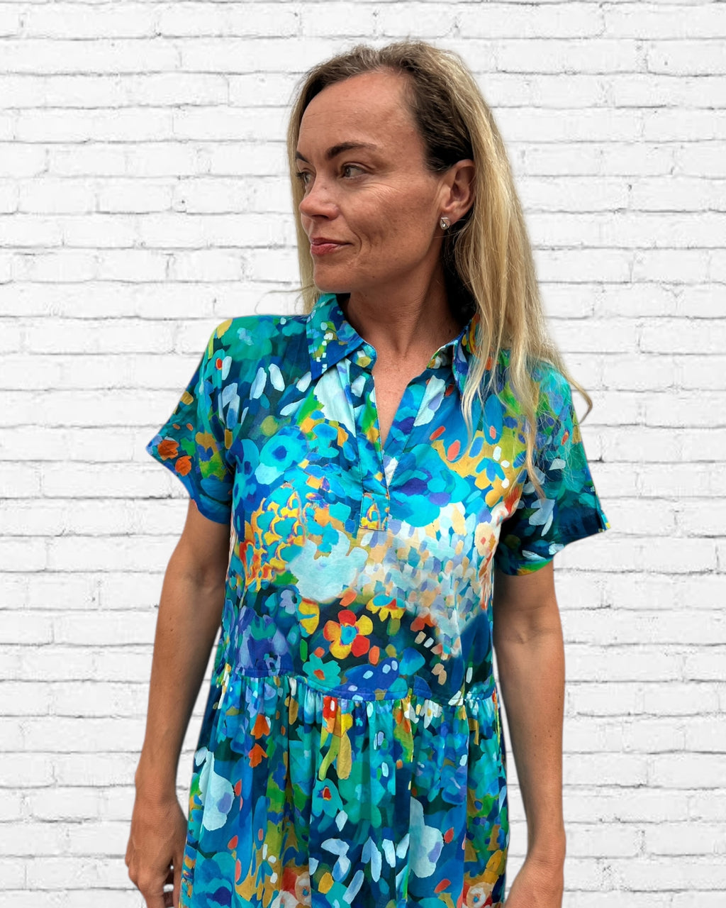 Natalie pure cotton short sleeved collar dress in electric blue