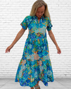 Natalie pure cotton short sleeved collar dress in electric blue