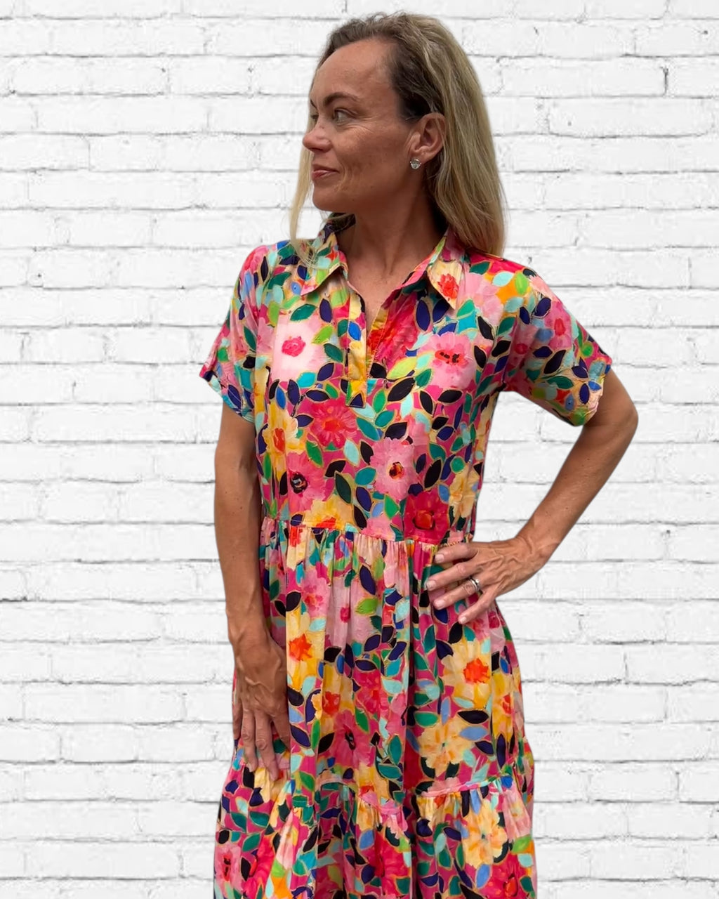 Natalie pure cotton short sleeved collar dress in flower salad print