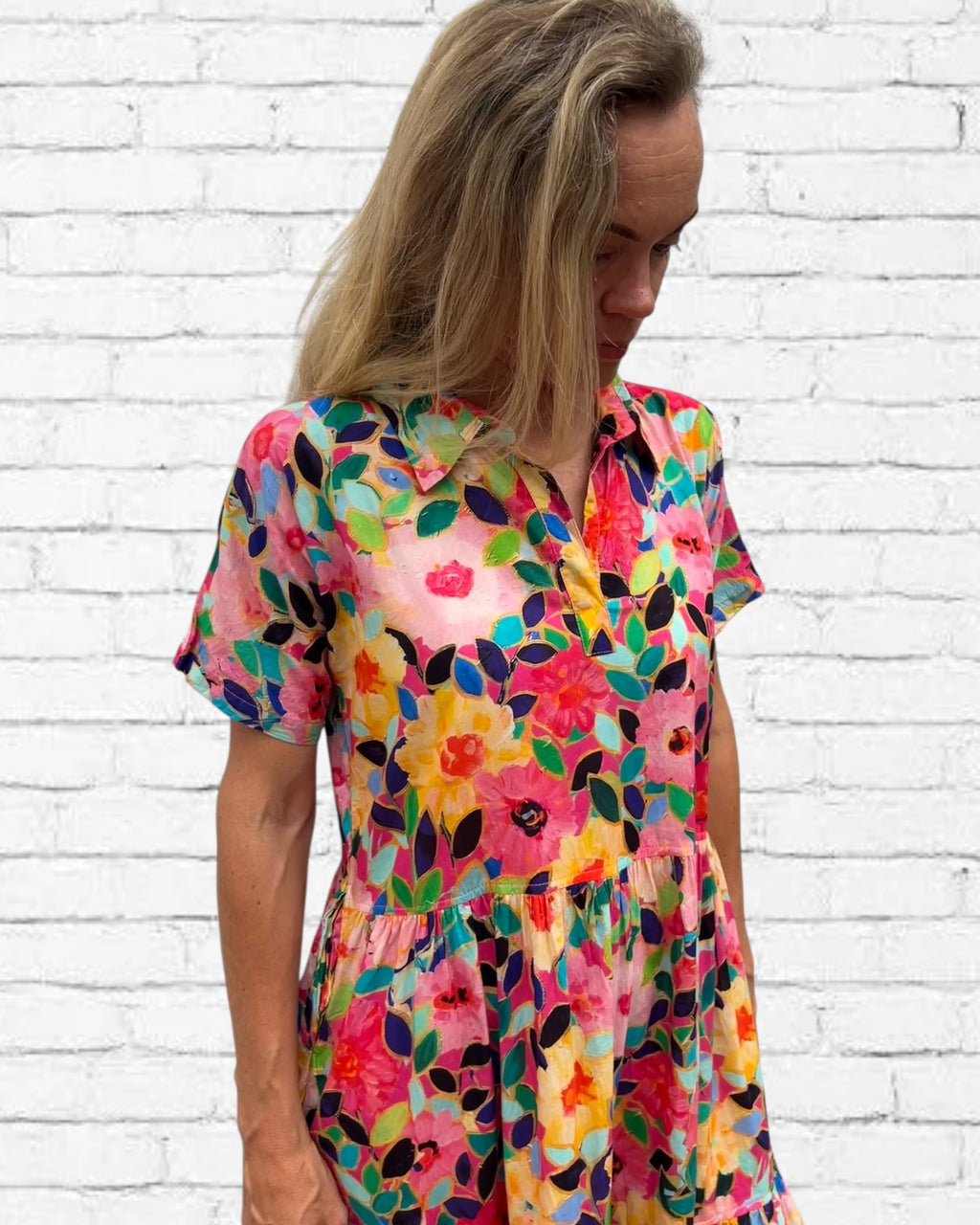 Natalie pure cotton short sleeved collar dress in flower salad print