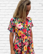 Natalie pure cotton short sleeved collar dress in flower salad print