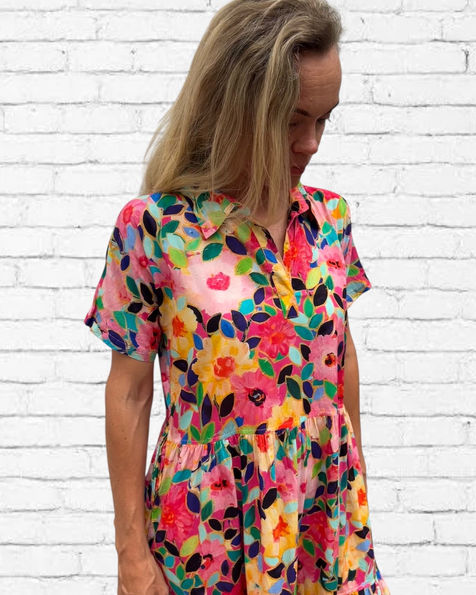 Natalie pure cotton short sleeved collar dress in flower salad print