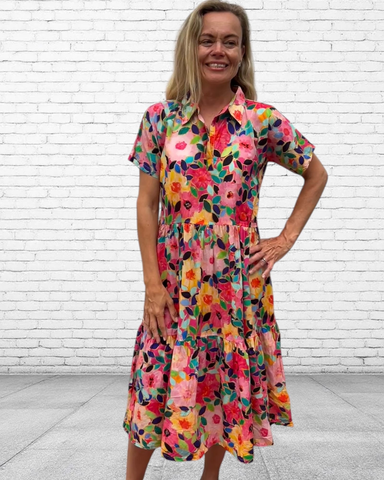 Natalie pure cotton short sleeved collar dress in flower salad print