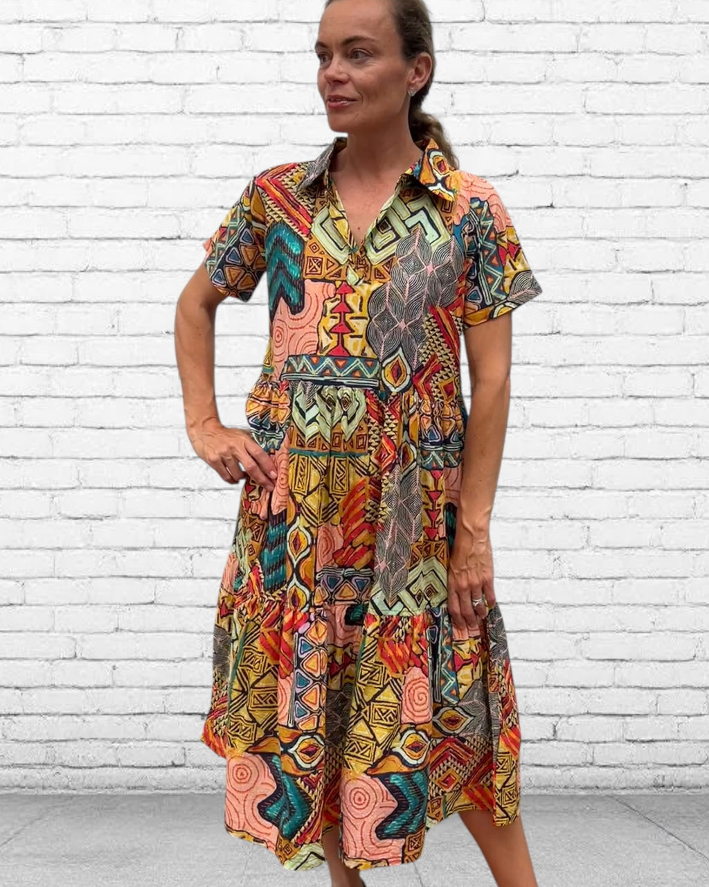 Natalie pure cotton short sleeved collar dress in geometric mix