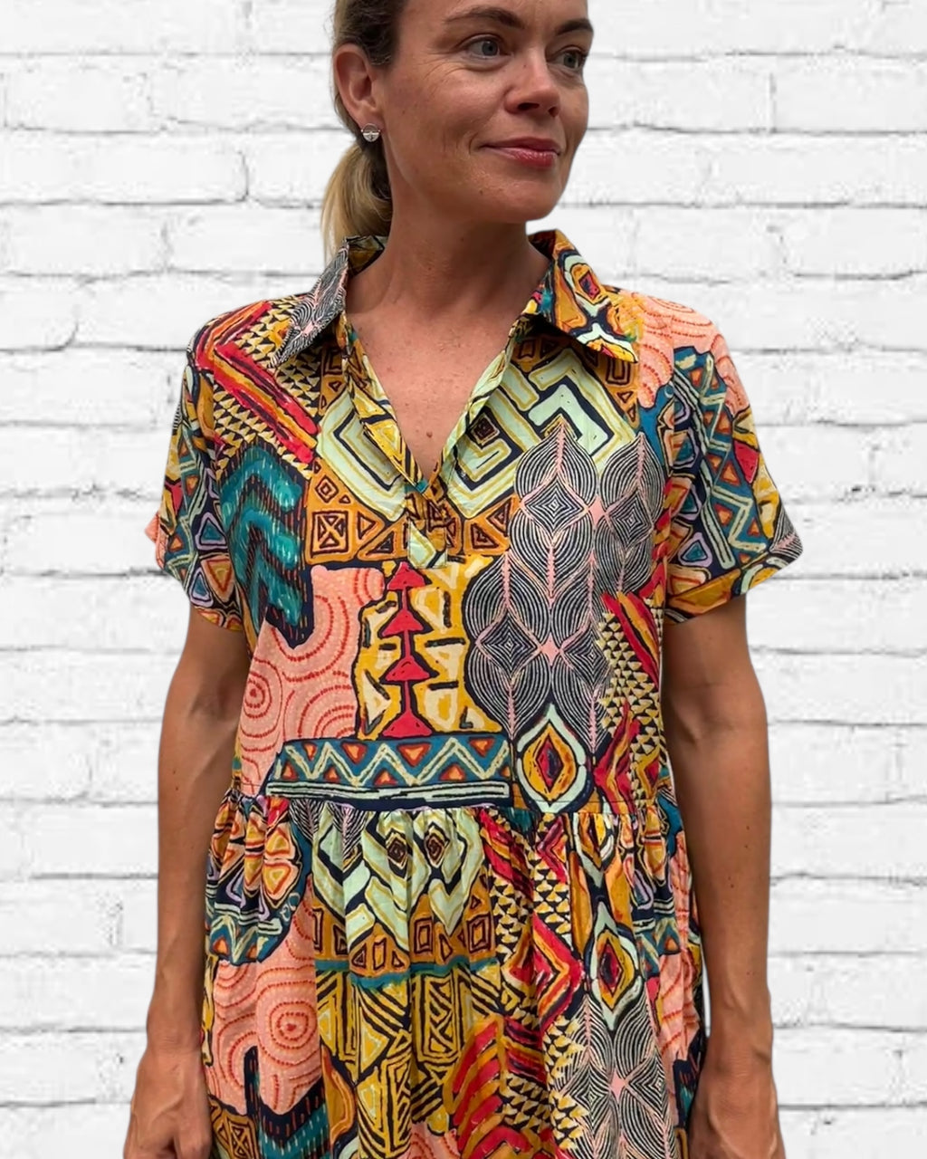 Natalie pure cotton short sleeved collar dress in geometric mix