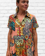 Natalie pure cotton short sleeved collar dress in geometric mix