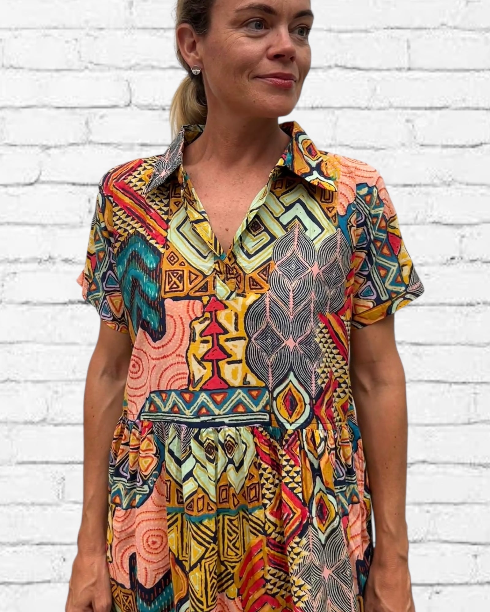 Natalie pure cotton short sleeved collar dress in geometric mix