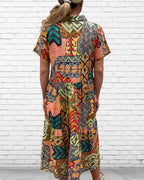 Natalie pure cotton short sleeved collar dress in geometric mix