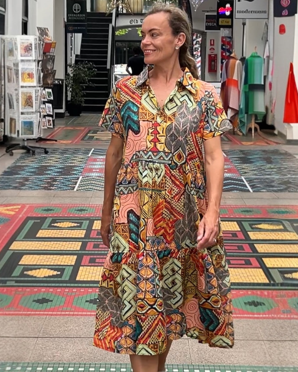 Natalie pure cotton short sleeved collar dress in geometric mix